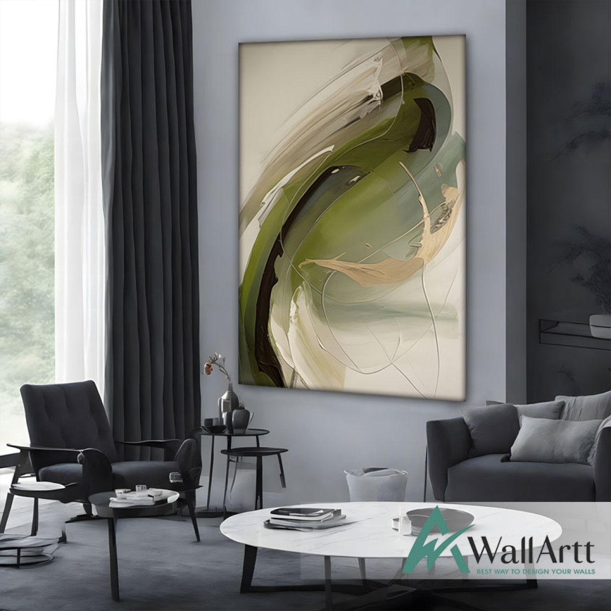 Abstract Green Beige Textured Partial Oil Painting - Wall Art